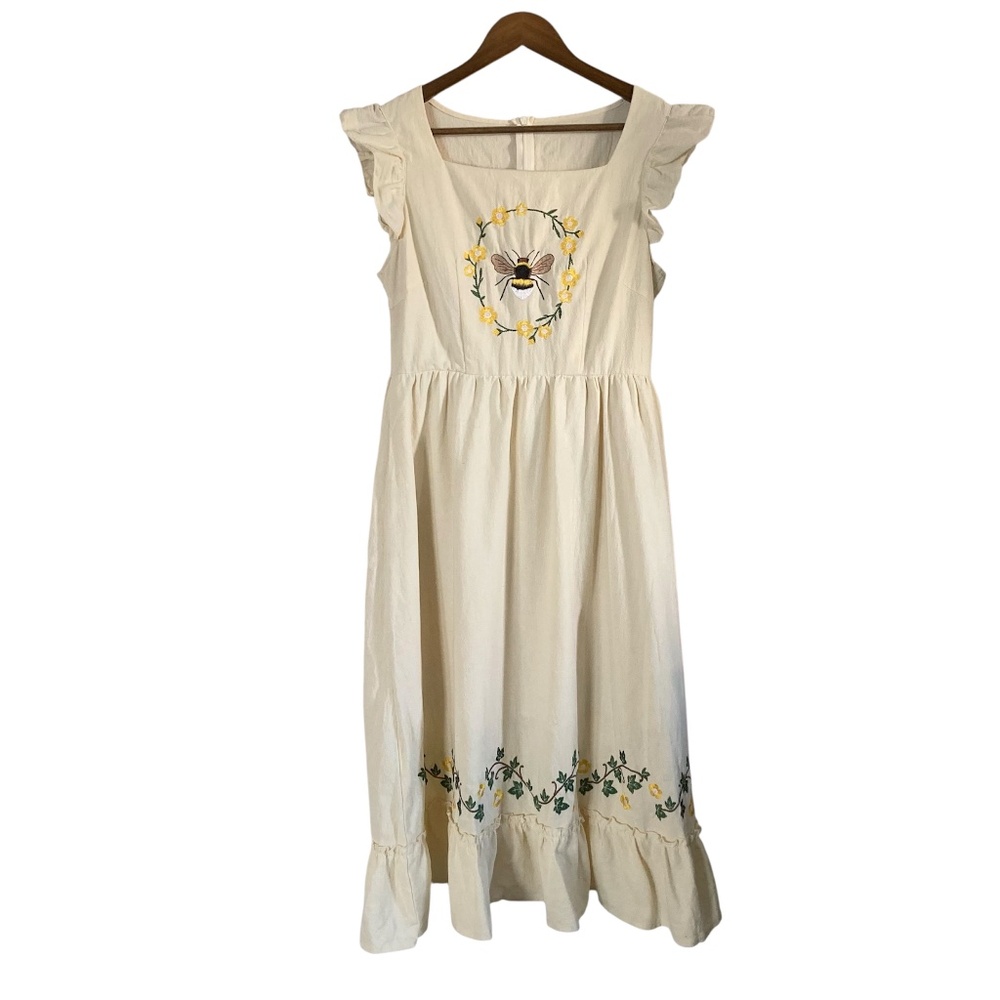 Cream Cotton Embroidered Bee and Garland Vine Square neck Dress